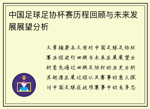 中国足球足协杯赛历程回顾与未来发展展望分析