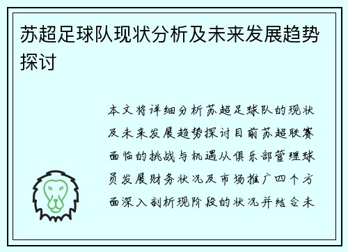 苏超足球队现状分析及未来发展趋势探讨