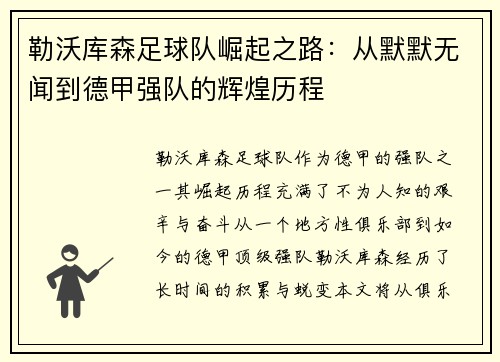 勒沃库森足球队崛起之路：从默默无闻到德甲强队的辉煌历程